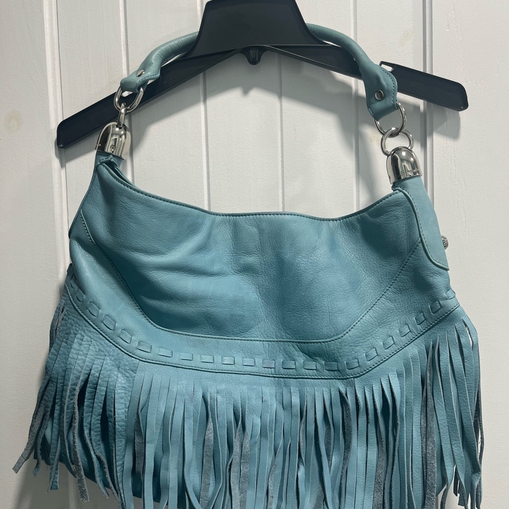 B. Makowsky Blue Fringe Shoulder Bag with Bohemian Flair